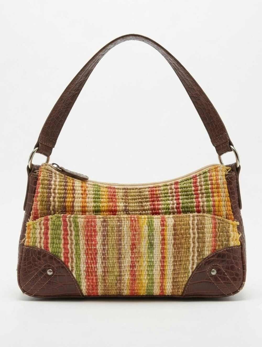 Woven Tweed Shoulder Bag with Brown Leather Handles & Accents